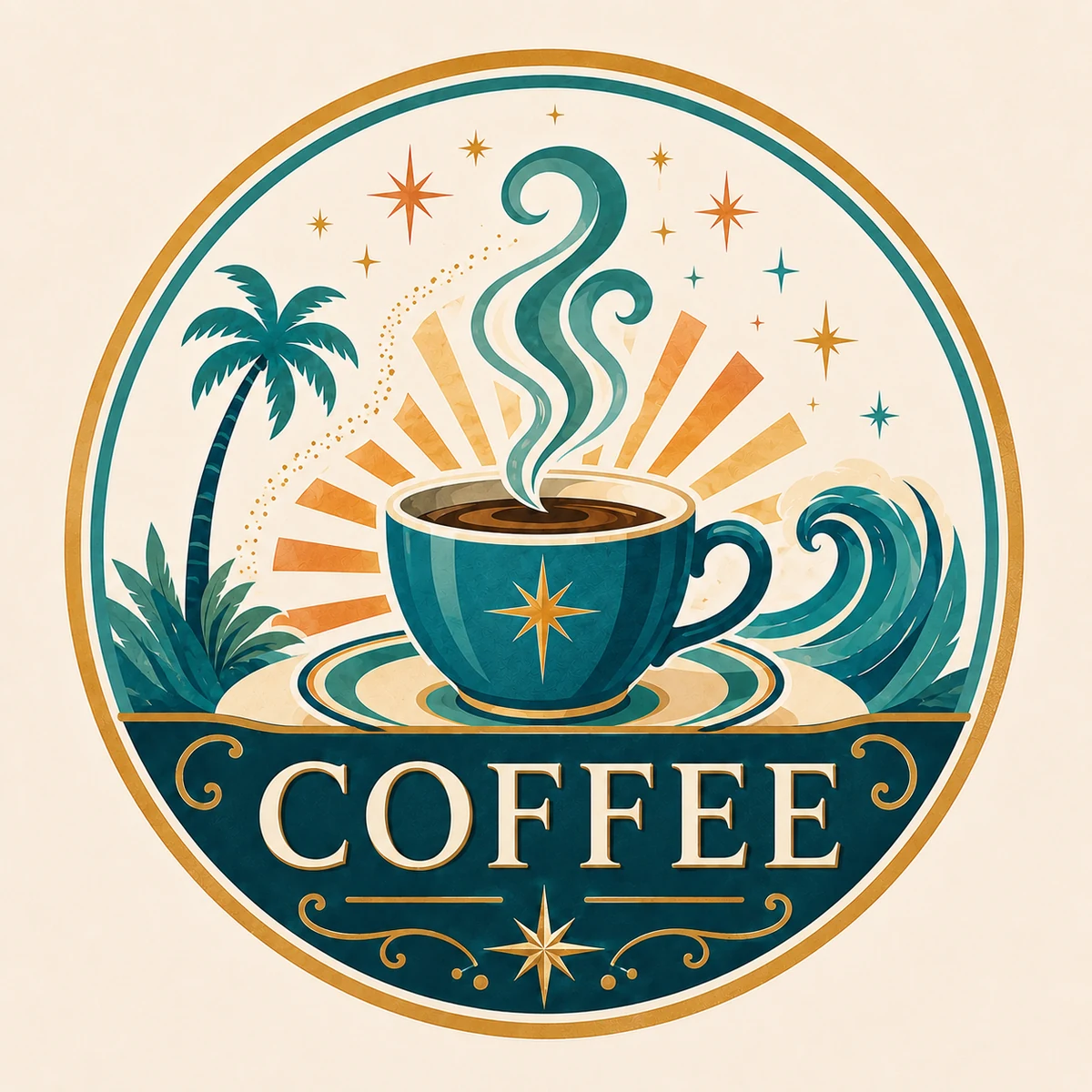 Retro coffee medallion in Peace Fun Vacay colors