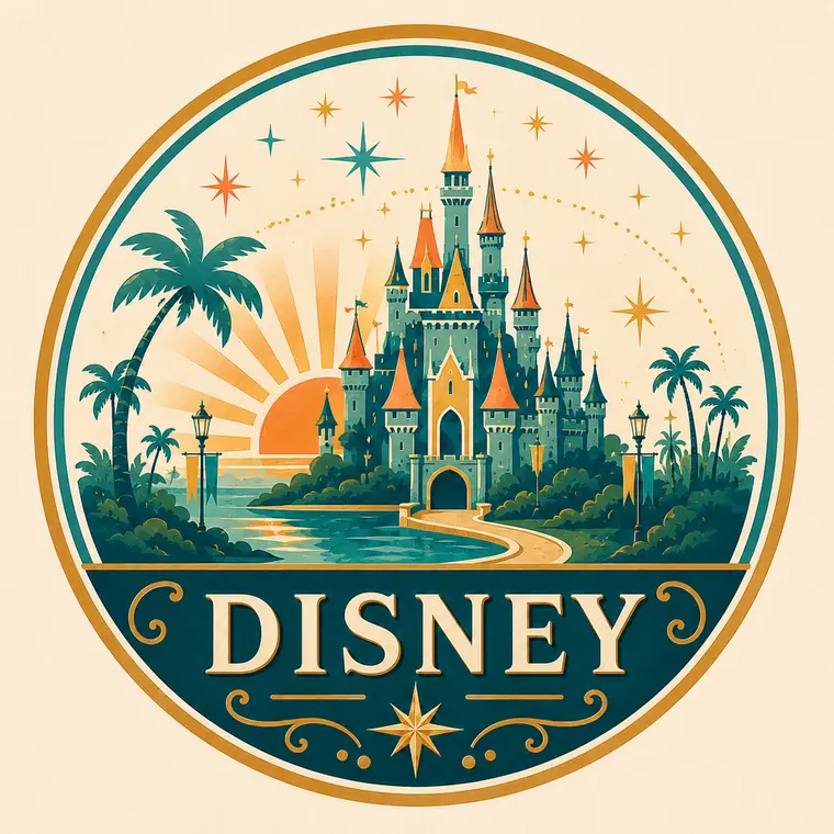 Retro illustration of a storybook castle at sunset