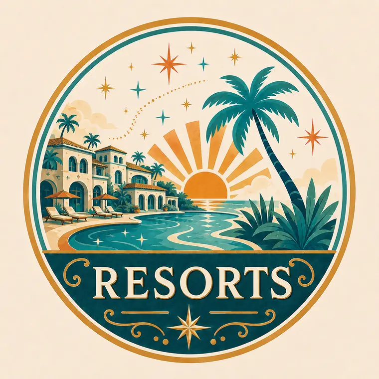 Retro illustration of a luxurious tropical resort at sunset
