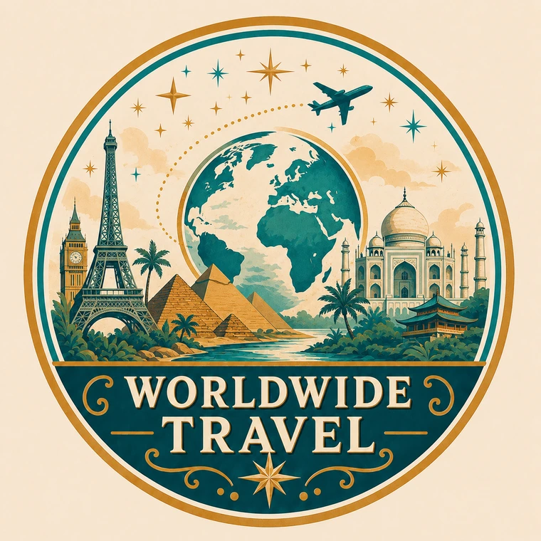 Retro worldwide travel illustration with ocean, sunrise, skyline, and airplane